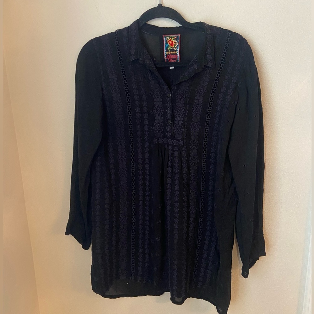 Johnny Was Black Sheer Embroidered Boho Tunic Top Size S